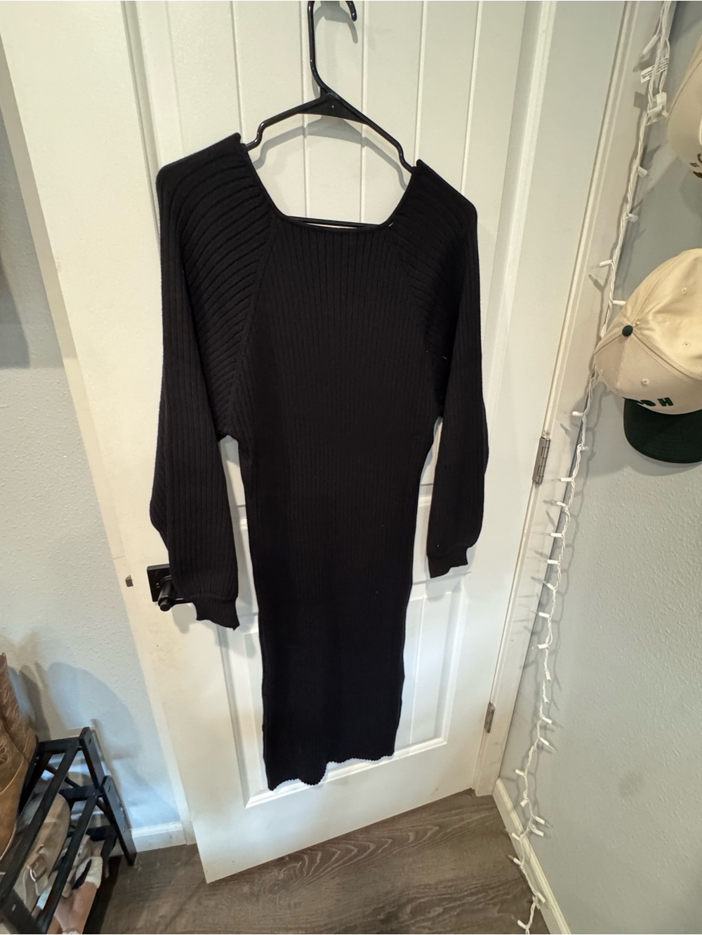 Mikarose Black Ribbed Square-Neck Long Sleeve Midi Dress